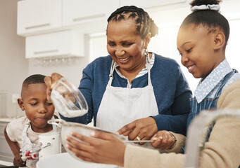 Sticker - Happy family, grandmother teaching kids baking and learning baker skill in kitchen with help and support. Old woman with girl and boy, development with growth and bake with ingredients at home