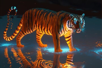 Wall Mural - A beautiful and elegant tiger walking in deep bioluminesent water