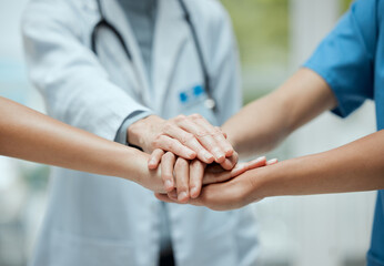 Wall Mural - Stack, team building or hands of doctors with collaboration for healthcare goals in meeting or community. Closeup, teamwork or medical nurses with group support, motivation or mission in hospital