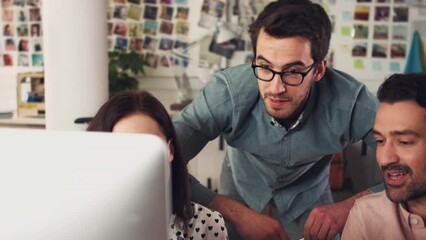 Aufkleber - Web design, group and working together on the computer, screen or technology for creative office, startup agency or company. People, talking and teamwork collaboration on project, planning and work