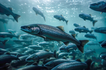 Wall Mural - Salmon in their natural habitat within an open-sea fish pen of an aquaculture farm. Generative AI.