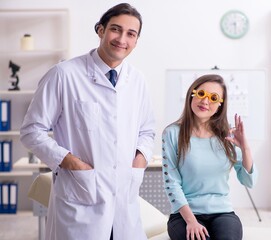 Wall Mural - Young woman visiting male doctor oculist