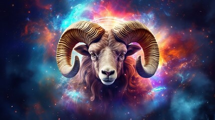 Capricorn goat ram zodiac sign against space nebula background. Astrology calendar. Esoteric horoscope and fortune telling concept. Created with Generative AI