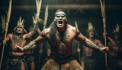 Maori Men in Traditional Powerful Haka Dance Performance Generative AI