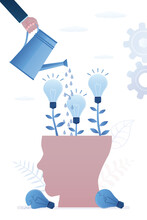 Silhouette Of Human Head With Growing Idea Bulbs. Mentorship, Business Leadership. Business Coach Or Teacher Watering New Idea Plants On Huge Brain. Education, Brainstorming,