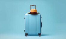 Traveler Blue Holiday Journey Suitcase Vacation Baggage Trip Travel Background Hat. Generative AI.