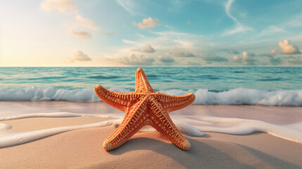 Wall Mural - A starfish resting on the sand next to a beach