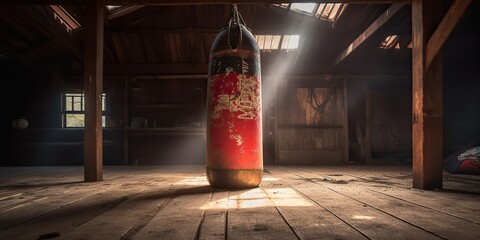 AI Generated. AI Generative. Old vintage gym room with old vintage boxing leather bag. Mexican American athlete vibe. Graphic Art