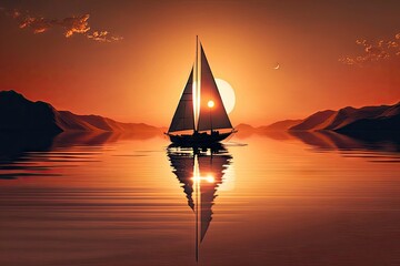 Wall Mural - close-up of sailboat, with sun setting behind it, on calm and serene lake, created with generative ai