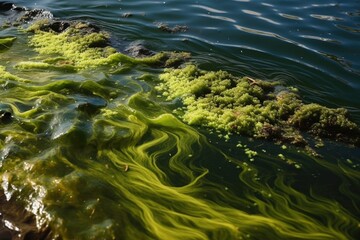 Canvas Print - close-up of algae bloom, caused by excess nutrients in the water, created with generative ai