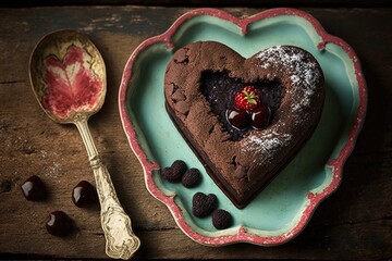 Poster - heart-shaped brownie with cherry on top, ready for valentine's day, created with generative ai