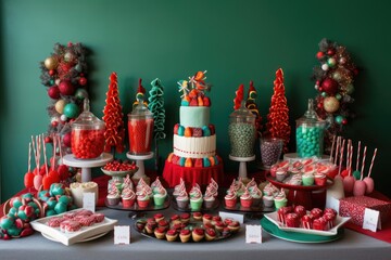 Wall Mural - a whimsical dessert table, featuring festive treats and confections in holiday colors, created with generative ai