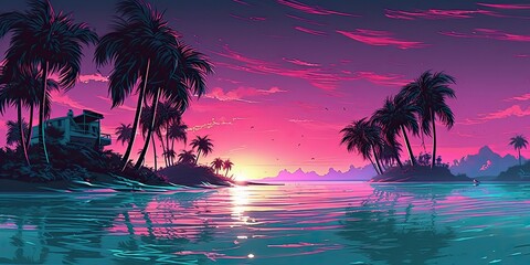 Wall Mural - AI Generated. AI Generative. Old vintage cyberpunk vapor wave synthwave miami vice florida tropical landscape. Graphic Art