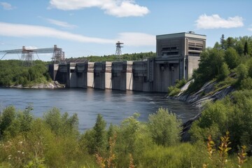 Sticker - view of hydroelectric power plant, with towering turbines in the background, created with generative ai