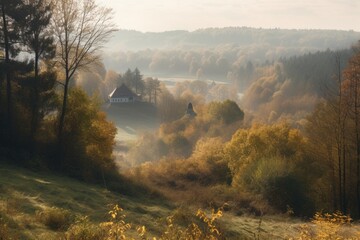 Poster - forest with view of rural village in the distance, created with generative ai