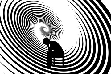 Concept of depression, anxiety, sadness and hopelessness. Silhouette of a person sitting and holding a bowed head, with a swirl of emotions in the background. Vector illustration	