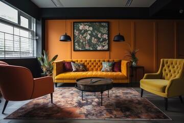 Poster - modern lounge room, with upcycled couch and armchair in contrasting colours for a touch of flair, created with generative ai