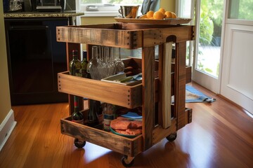 Sticker - a bar cart made from upcycled wine crates and wheels, created with generative ai