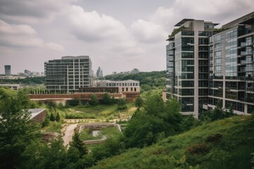 Sticker - high-rise buildings with a view of the city skyline, surrounded by greenery, created with generative ai