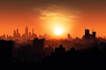 Wall Mural - city skyline at dusk, with silhouetted buildings andorange sun setting in the background, created with generative ai