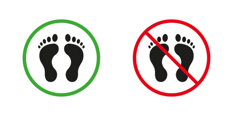 Warning Walk Barefoot Red and Green Warning Signs. Human Footprint Silhouette Icons Set. Foot Print Bare Step Allowed and Prohibited Pictogram. Footstep Symbol. Isolated Vector Illustration