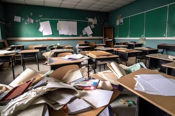 Canvas Print - close-up of empty classroom, with books, papers & pencils scattered on desks, created with generative ai