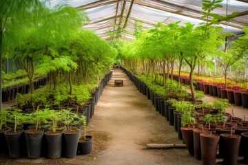 Poster - tree nursery, with saplings and seedlings growing in pots, created with generative ai