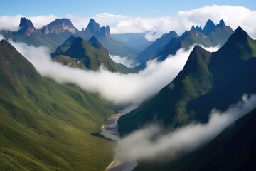 Sticker - remote mountain range with tall peaks and winding rivers, surrounded by misty clouds, created with generative ai