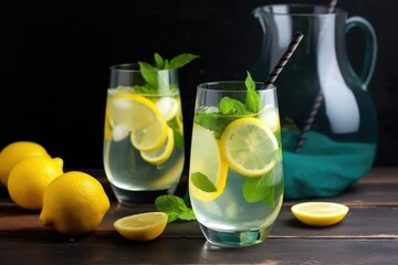 Wall Mural - refreshing summer lemonade with twist of mint, garnished with fresh slice of lemon, created with generative ai
