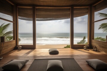 Sticker - wellness retreats, with view of the ocean and beach, created with generative ai