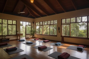 Canvas Print - wellness retreat with meditation and yoga classes, surrounded by beautiful natural surroundings, created with generative ai