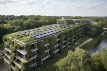 Poster - eco-friendly hotel, with solar panels and green spaces on the roof, created with generative ai