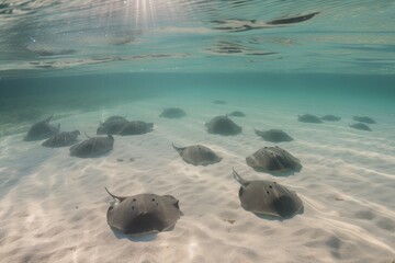 Wall Mural - school of rays swimming through crystal clear water, created with generative ai