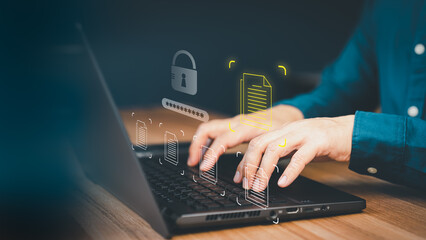 Poster - Document management concept with icons on ERP virtual screen. Employee typing on a computer keyboard checking documents in office. Online documentation database to efficiently manage files.