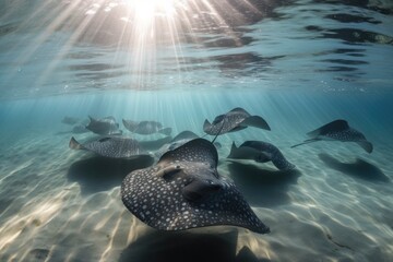 Wall Mural - school of rays swimming in synchronous formation, their delicate fins and tails shimmering, created with generative ai