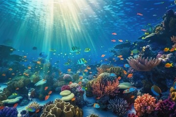 Poster - underwater scene with schools of tropical fish swimming among colorful coral reefs, created with generative ai