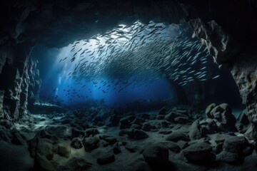 Sticker - underwater cave with school of fish swimming among the intricate formations, created with generative ai