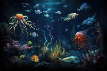 Sticker - diverse array of underwater creatures, some familiar and others mysterious, swimming among one another, created with generative ai