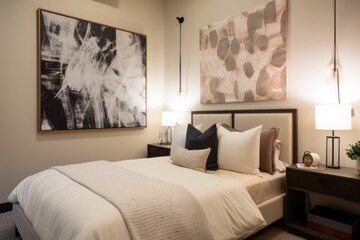 Canvas Print - wall art in bedroom surrounded by plush duvet cover and warm lighting, created with generative ai