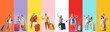 © Pixel-Shot - Set of young tourists with suitcases on color background