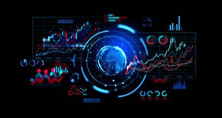 Poster - Digital graphs interface and planet hologram