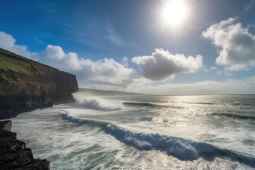 Wall Mural - coastal cliff view, with waves crashing against the shore, and sun shining in the sky, created with generative ai