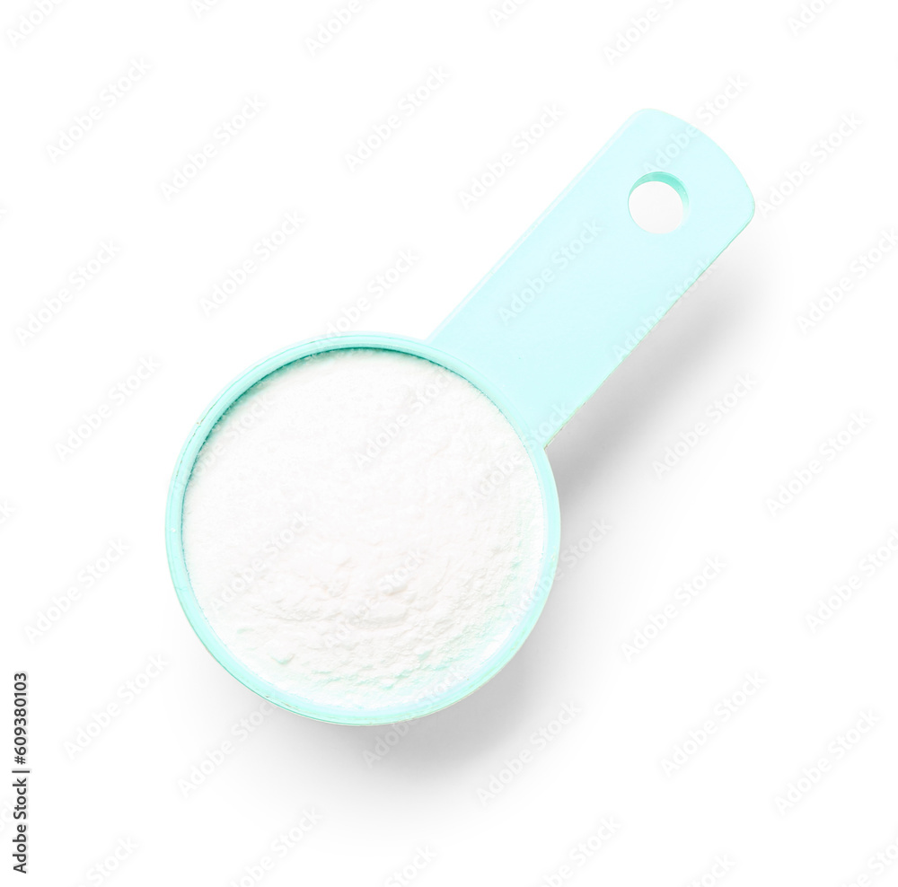 Scoop with amino acid supplement on white background