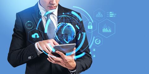 Poster - Man hands with tablet, digital network interface