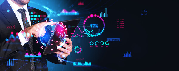 Poster - Man with tablet, planet and graphs
