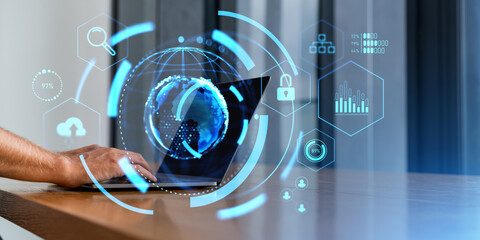 Poster - Man hands with laptop, digital network interface
