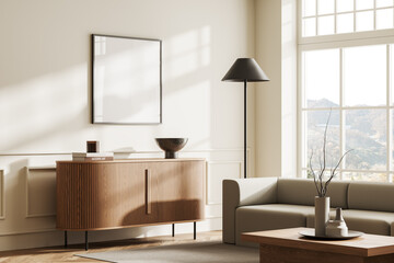 White living room corner with sofa, dresser and poster