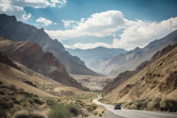 Poster - scenic road trip through the mountains, with dramatic vistas and towering peaks, created with generative ai