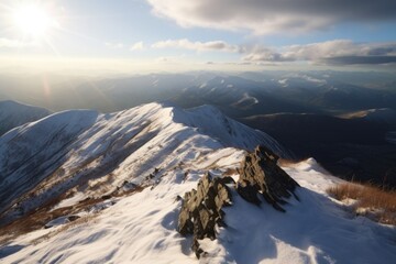 Poster - snowy mountaintop, with view of sunlit valley below, and surrounding peaks in the distance, created with generative ai