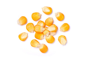 Wall Mural - Pile of dried corn kernels isolated on white background, top view, flat lay.